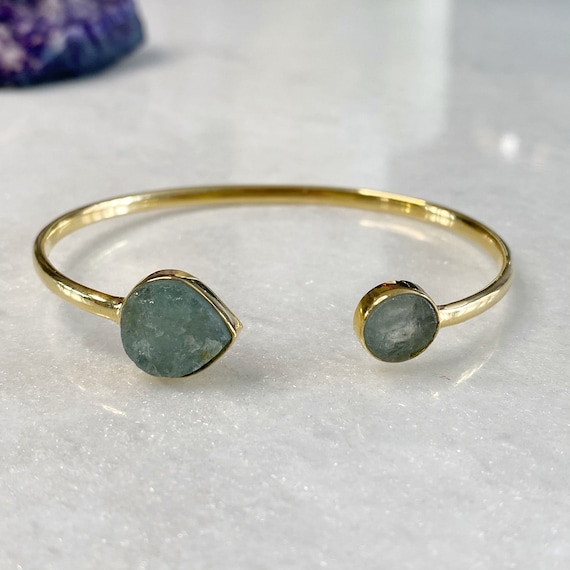 Raw aquamarine Gold cuff 14K Gold Vermeil Gemstone Bangle | Etsy