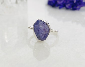 Raw Tanzanite Sterling Silver Ring: Natural Gemstone Cocktail Ring