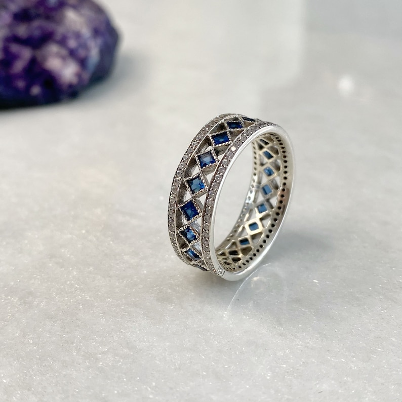 blue sparkling ring blue gemstone ring CZ simulated diamond band ring Sterling Silver 925 cubic zirconia ring silver pave ring