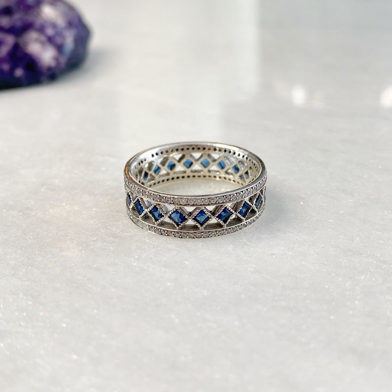 blue sparkling ring blue gemstone ring CZ simulated diamond band ring Sterling Silver 925 cubic zirconia ring silver pave ring