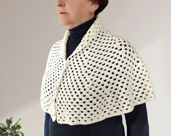 Woman Crochet Lace Capelet with Buttons, Lady's Offwhite Shawl