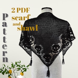 Crochet Halloween Scarf PATTERN, Skull Shawl Pattern, 2 PDF, Tutorial with Photo and Charts