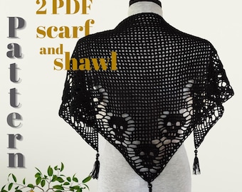 Puede incluir: Un patrón de crochet para una bufanda y una chal negro, con el texto "2 PDF scarf and shawl pattern" en letras doradas.