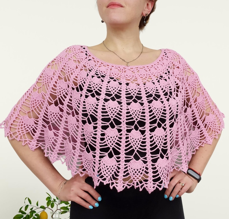 Crochet Cotton Victorian Cape for Women in pink color, Lace capelet