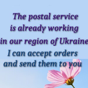 Op de afbeelding: Een lichtblauwe achtergrond met een roze bloem in de rechterbenedenhoek. De tekst luidt: The postal service is already working in our region of Ukraine. I can accept orders and send them to you. De tekst is in het donkerblauw.
