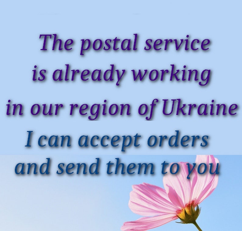 Op de afbeelding: Een lichtblauwe achtergrond met een roze bloem in de rechterbenedenhoek. De tekst luidt: The postal service is already working in our region of Ukraine. I can accept orders and send them to you. De tekst is in het donkerblauw.