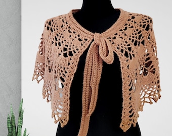 Elegantes handgefertigtes Häkelcapelet mit Schleife zum Binden – Vintage Lace Schultertuch