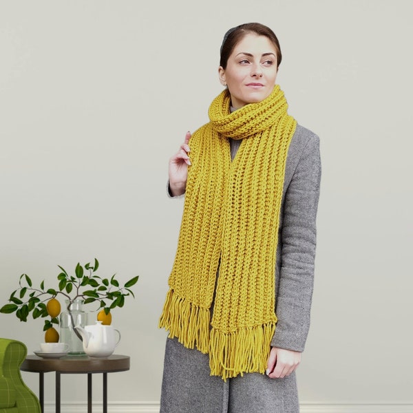 Écharpe longue unisexe en tricot avec pompons, couleur moutarde