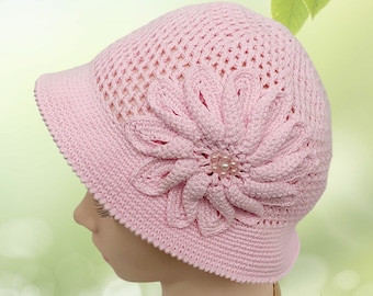 Crocheted Cotton Sun Hat: Pink Flower Brim, Summer Beach Wear
