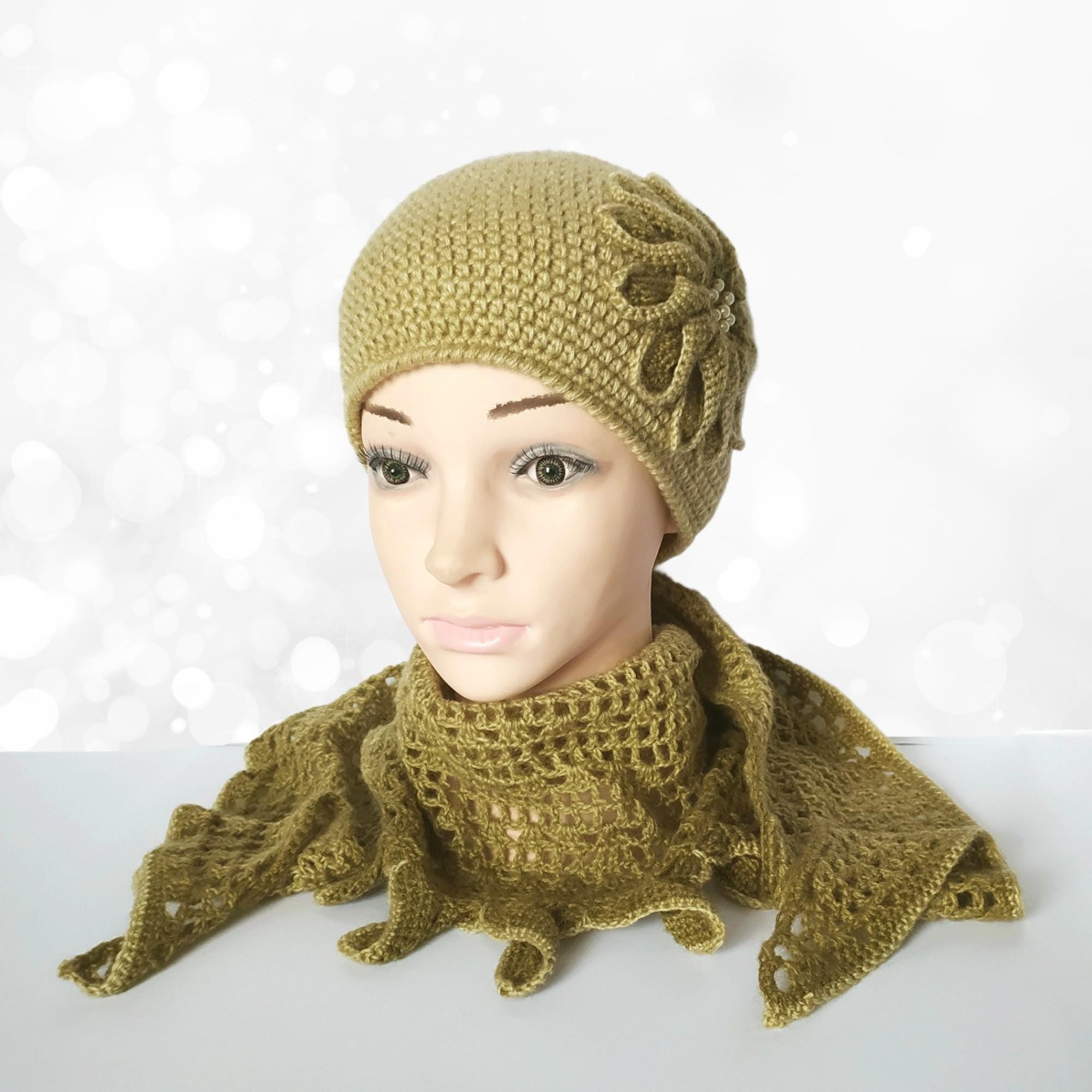 Crochet Hat and Scarf Set: Olive Ombre Wool Blend, Big 