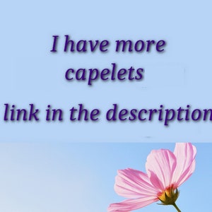 Op de afbeelding: Een lichtblauwe achtergrond bevat de donkerpaarse tekst I have more capelets link in the description. Onder de tekst is een enkele roze cosmosbloem met delicate bloemblaadjes en een geel hartje geplaatst tegen de lichtblauwe lucht.