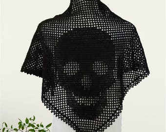 Halloween Triangle Shawl with Large Skull, Crochet Shawl, Skull's Scarf