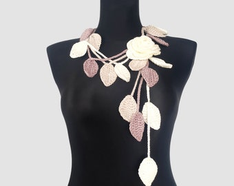 Crochet Flower Scarf, Crochet Lariat Necklace, Jewelry