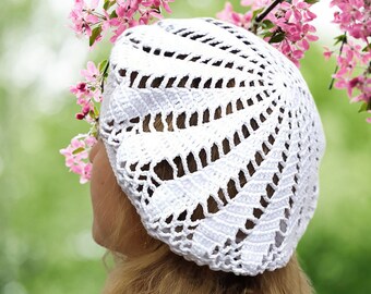 Crochet Sun Beret, Summer Cotton Beret, Natural Garden Woman Hat