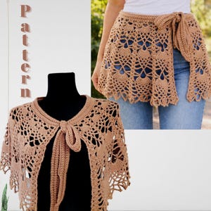May include: A tan crochet shrug and wrap skirt. The shrug features a tie closure and intricate openwork design. The wrap skirt has a scalloped edge and a long tie. Both items are displayed on a black mannequin and a person wearing blue jeans.
