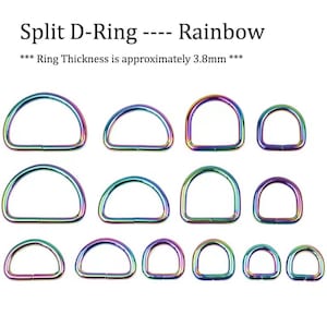 May include: A set of 10 rainbow-colored split D-rings in various sizes. The rings are made of metal and have a smooth, polished finish. *** Ring Thickness is approximately 3.8mm ***