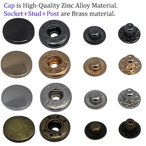 May include: Assortment of metal snap fasteners in various finishes, including black, gold, silver, and antique brass.  Cap is high-quality zinc alloy material. Socket+Stud+Post are brass material.