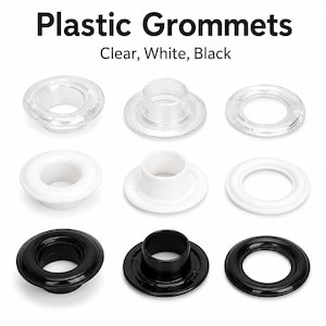 以下が含まれることがあります： 透明、白、黒のプラスチックグロメットの詰め合わせ。リングやフランジのデザインなど、さまざまなスタイルが表示されています。上部のテキストは「Plastic Grommets」と「Clear, White, Black」です。