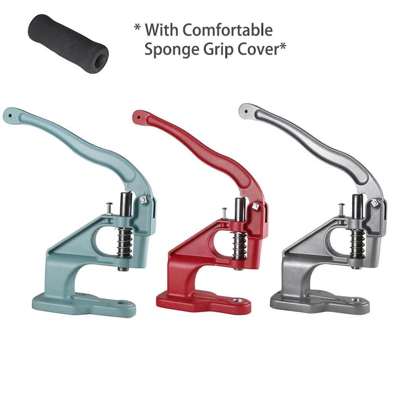May include: Three metal snap press machines in teal, red, and silver. Each machine has a lever, a spring, and a base. A black sponge grip cover is shown above the machines. The text "* With Comfortable Sponge Grip Cover*" is above the machines.