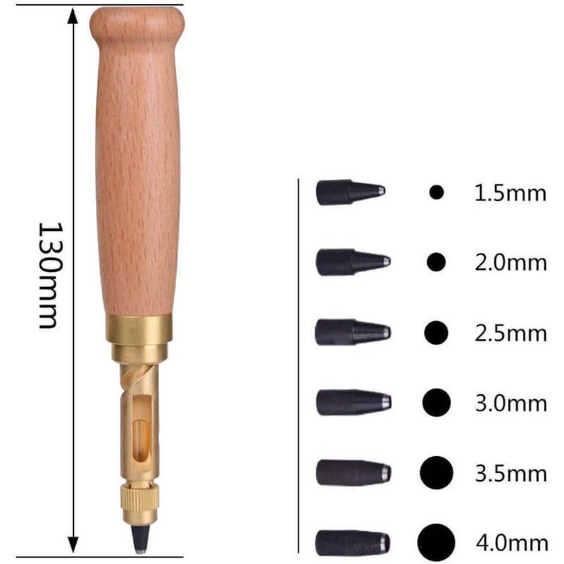 May include: A leathercraft tool set with a wooden handle, brass parts, and interchangeable punch heads. The tool is 130mm (13 cm) long. Includes punch heads for 1.5mm, 2.0mm, 2.5mm, 3.0mm, 3.5mm, and 4.0mm holes.