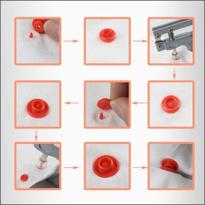 May include: A step-by-step guide on how to use a snap press tool to attach a red plastic snap button to fabric. The tool is shown in the third image. The fabric is white.