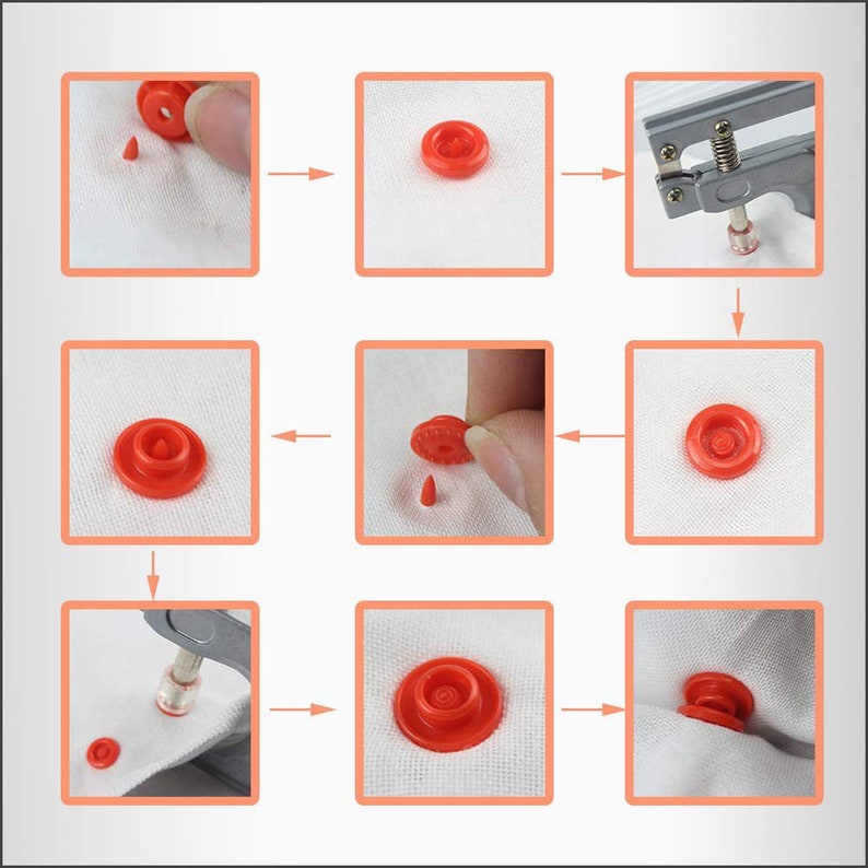 May include: A step-by-step guide on how to use a snap press tool to attach a red plastic snap button to fabric. The tool is shown in the third image. The fabric is white.