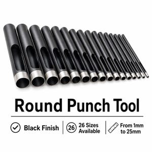 Op de afbeelding: Een set zwarte ronde ponsgereedschappen met zilveren randen. De afbeelding toont de tekst "Round Punch Tool", "Black Finish", "26 Sizes Available" en maten van 1mm tot 25mm.