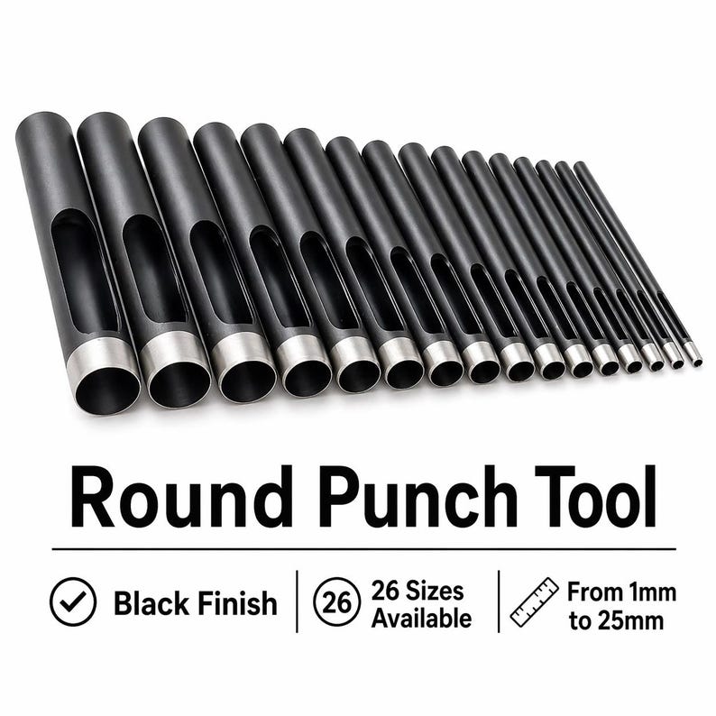 Op de afbeelding: Een set zwarte ronde ponsgereedschappen met zilveren randen. De afbeelding toont de tekst "Round Punch Tool", "Black Finish", "26 Sizes Available" en maten van 1mm tot 25mm.