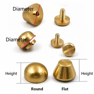 May include: An assortment of brass hardware components, including screws and decorative rivets. The image shows various shapes: round, flat, and conical. Measurements for diameter and height are indicated with red lines and labels. The hardware is displayed against a white background.
