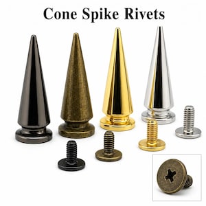 May include: Image of cone spike rivets in various metallic finishes: black, bronze, gold, and silver. The rivets have a conical shape with a flat base and are accompanied by matching screws. The text "Cone Spike Rivets" is at the top.