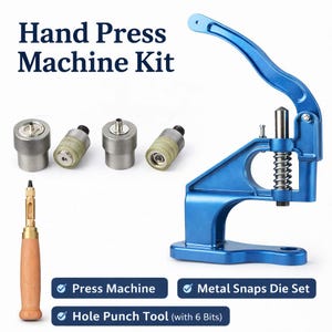 Pode incluir: Um kit de máquina de prensa manual azul com uma alavanca, mola e base. O kit inclui um conjunto de matrizes de encaixe de metal, uma ferramenta de perfuração com 6 pontas e uma prensa. O texto "Hand Press Machine Kit" está no topo.
