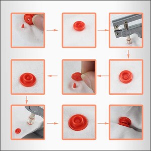 May include: A step-by-step guide on how to use a snap press tool to attach a red plastic snap button to fabric. The tool is shown in the third image. The fabric is white.