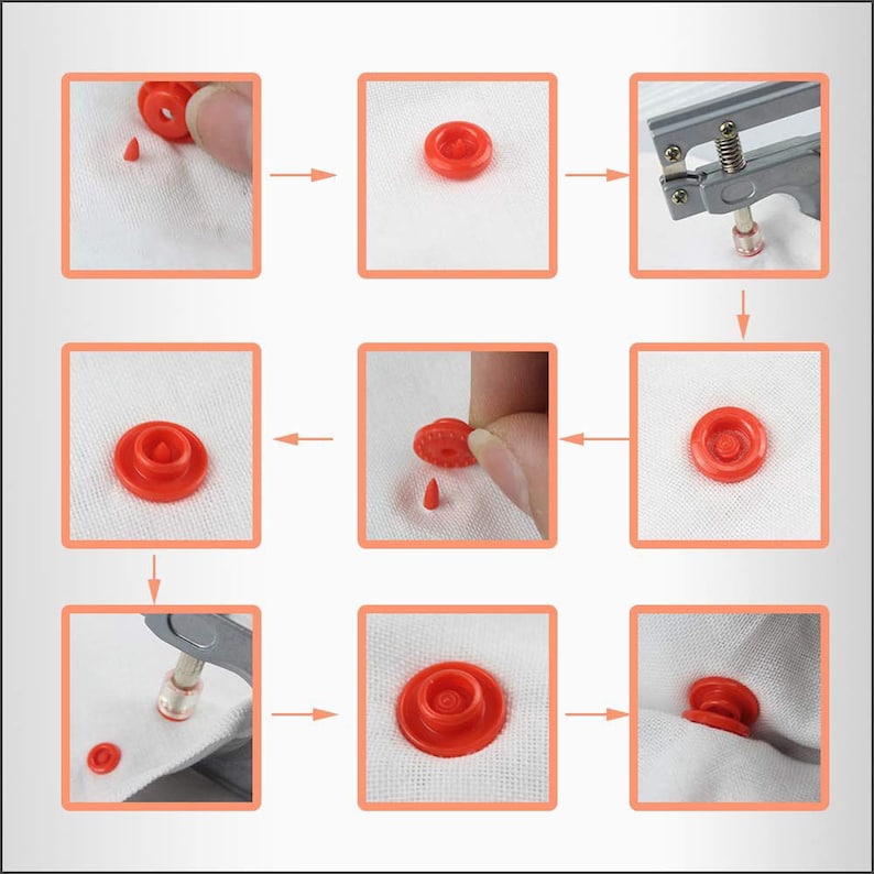 May include: A step-by-step guide on how to use a snap press tool to attach a red plastic snap button to fabric. The tool is shown in the third image. The fabric is white.