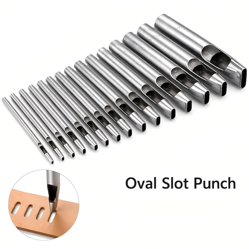 May include: A set of silver oval slot punches of varying sizes, arranged diagonally. The tools are made of metal and have a hollow, rectangular cutting end. The text "Oval Slot Punch" is displayed in black font.