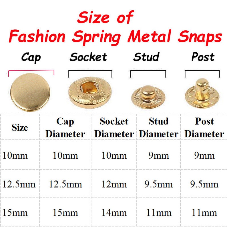 Fashion Spring Metal Snaps Dies Sets10mm,12.5mm,15mm,17mmHeavy Duty Snaps For Leather Snaps Button Metal Snap Fasteners kit Snap Buttons image 2