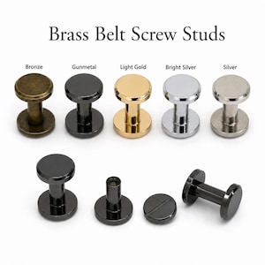Puede incluir: Una colección de remaches de tornillo para cinturón de latón en varios acabados: bronce, metal de cañón, oro claro, plata brillante y plata. La imagen también muestra los remaches desmontados. El texto "Brass Belt Screw Studs" está en la parte superior.