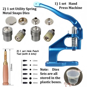 May include: A blue hand press machine with metal snap dies, a hole punch tool with six bits, and a plastic container. The hole punch tool is 130mm long. The image text says "1 set Hand Press Machine", "2) 1 set Utility Spring Metal Snaps Dies", and "3) 1 set Hole Punch Tool (with 6 bits)".