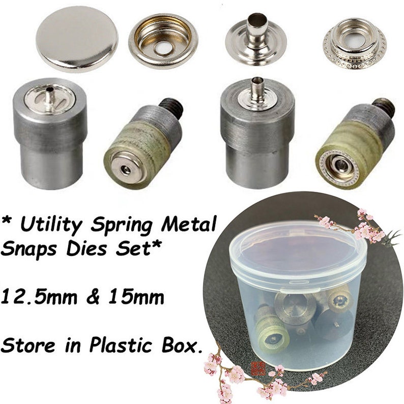 May include: A collection of metal snap dies, featuring various components and tools. The image displays several silver-coloured snaps and dies, alongside a clear plastic container holding extra pieces. Text on the image reads "Utility Spring Metal Snaps Dies Set" and measurements of 12.5mm & 15mm.