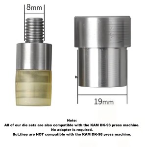 May include: Two metal press machine components. One has a threaded top, 8mm wide, with a yellow base. The other is 19mm wide. Text states compatibility with KAM DK-93 press machine.