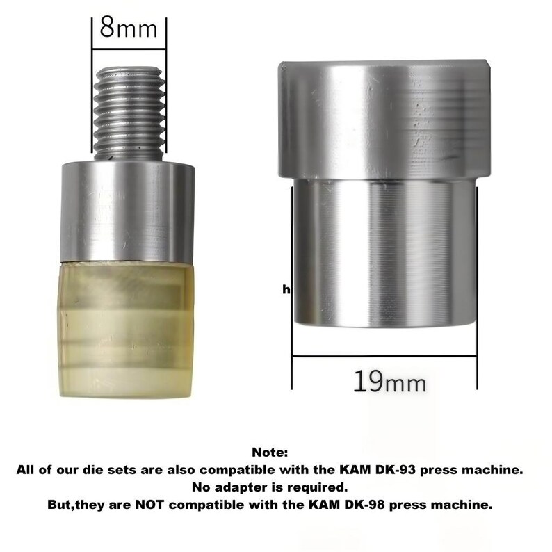May include: Two metal press machine components. One has a threaded top, 8mm wide, with a yellow base. The other is 19mm wide. Text states compatibility with KAM DK-93 press machine.