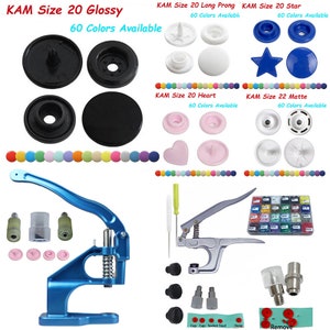May include: A set of snap button fasteners in various colors and styles, including glossy, long prong, star, heart, and matte. The set also includes a blue snap button press tool, a silver snap button press tool, and a variety of tools for attaching the snaps. The image also shows a color chart of the available snap button colors.