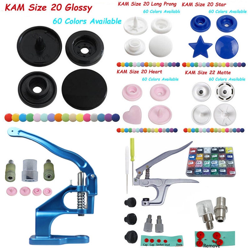 May include: A set of snap button fasteners in various colors and styles, including glossy, long prong, star, heart, and matte. The set also includes a blue snap button press tool, a silver snap button press tool, and a variety of tools for attaching the snaps. The image also shows a color chart of the available snap button colors.