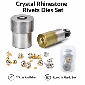 May include: A set of crystal rhinestone rivets and dies. The set includes two metal tools, a clear plastic container, and various sizes of crystal rivets in gold and silver tones. The text reads "Crystal Rhinestone Rivets Dies Set".