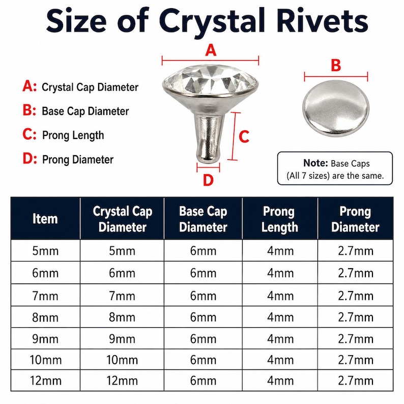 May include: Diagram showing the size of crystal rivets, including crystal cap diameter, base cap diameter, prong length, and prong diameter. The image includes a table with measurements in millimeters for various rivet sizes.
