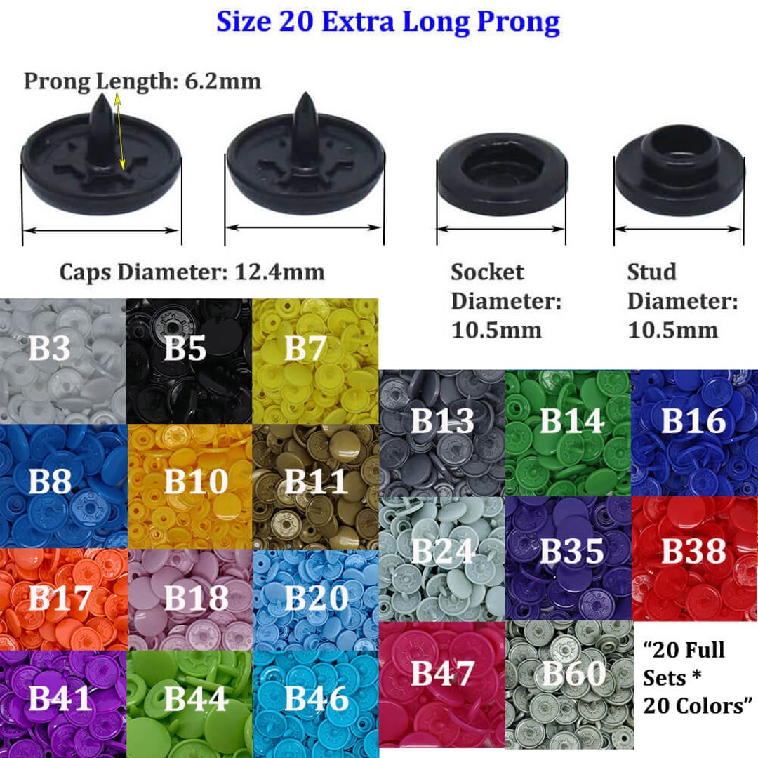 400 KAM Size 20 Long Prong Snaps20 Colors20 Full Setssnap Fasteners ...