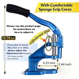 May include: A blue metal press with a black sponge grip. The press measures 40 cm in height, 11 cm in width, and 6 cm in depth. It features an adjustment bolt and is designed for mounting on a table.