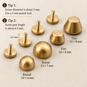 May include: An assortment of brass hardware components, including screw posts and decorative caps. The screw diameter is about 3 mm, and the screw post length is about 6.5 mm. Various shapes are shown, including round and flat designs, with dimensions provided.