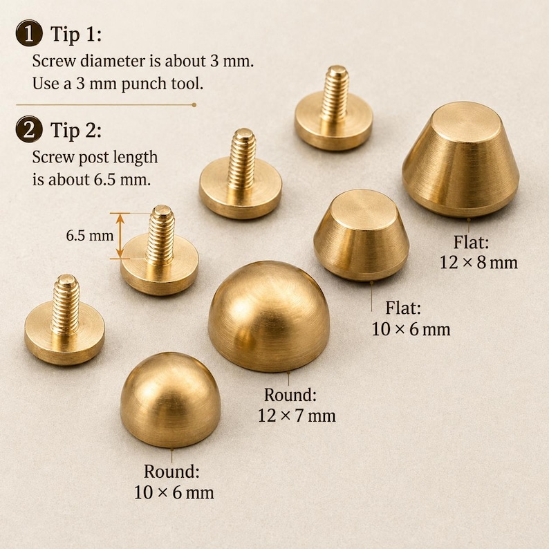 May include: An assortment of brass hardware components, including screw posts and decorative caps. The screw diameter is about 3 mm, and the screw post length is about 6.5 mm. Various shapes are shown, including round and flat designs, with dimensions provided.