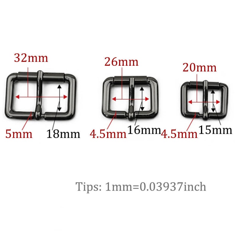 Może przedstawiać: Trzy czarne metalowe suwaki do klamer pasowych w r&oacute;żnych rozmiarach. Największa klamra ma 32 mm szerokości i 18 mm wysokości, środkowa klamra ma 26 mm szerokości i 16 mm wysokości, a najmniejsza klamra ma 20 mm szerokości i 15 mm wysokości.  Wskaz&oacute;wki: 1 mm = 0,03937 cala