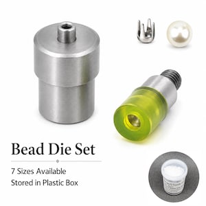 May include: A bead die set with a large cylindrical metal die, a yellow-tipped tool, a small metal component, and a pearl. The set includes a plastic box and is available in 7 sizes. The text "Bead Die Set" is displayed.